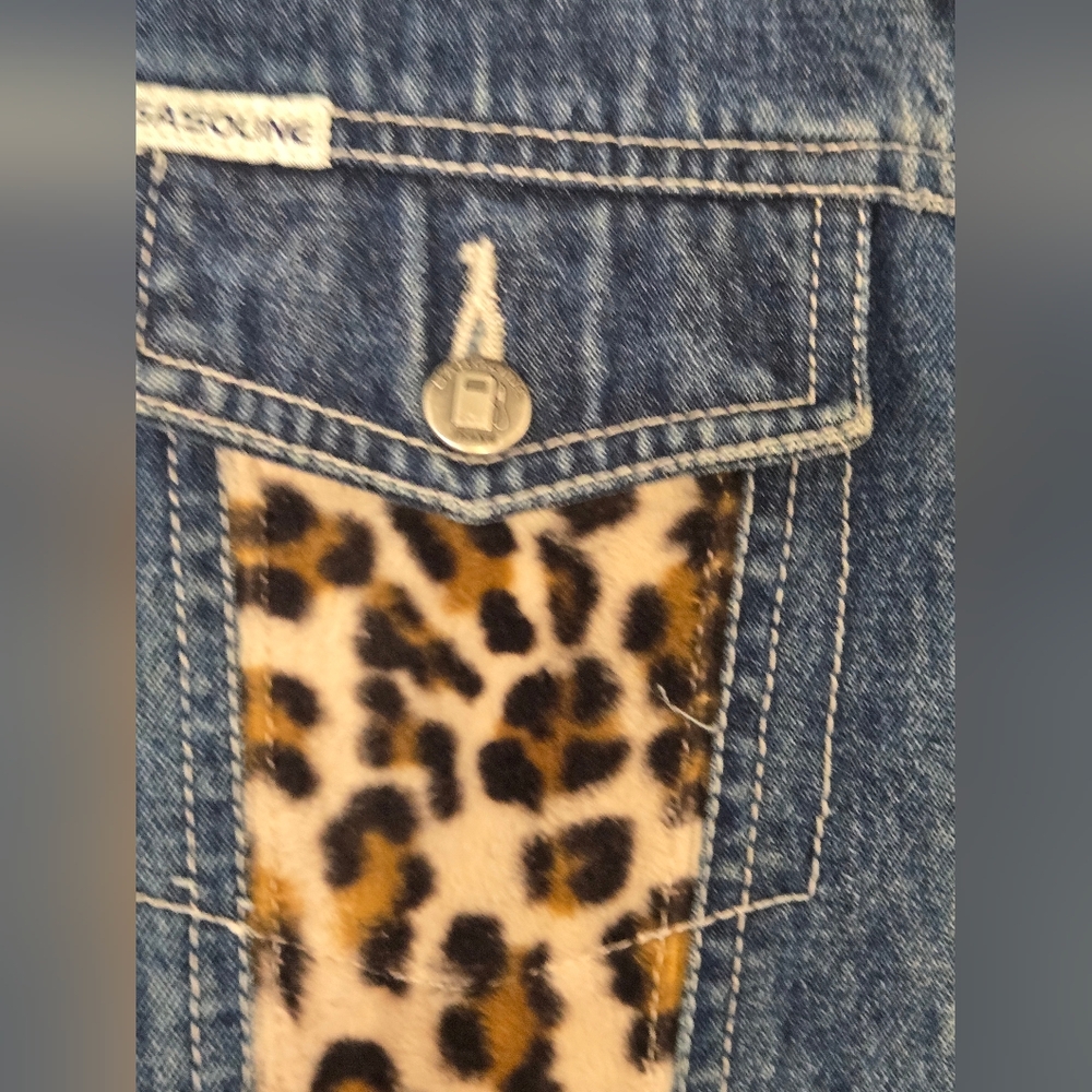 Gasoline Jeans Cropped Denim Jacket w/ Leopard Print Panels –Girls Size M - Picture 11 of 14